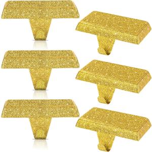 6 Pack Shiny Glitter Christmas Stocking Holders, Heavy Duty Mantel Hangers Fireplace Hooks Grip Bases for Tables Window Decor Xmas Holiday Party Indoor Decoration (Gold)
