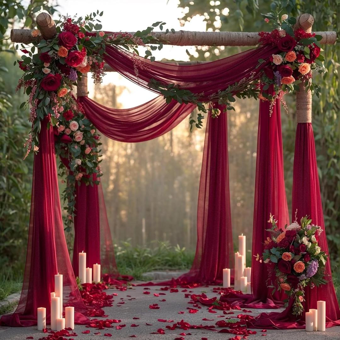 Wedding Arch Draping Fabric, 2 Panels Burgundy Sheer Backdrop Curtain Tulle Fabric Drapery for Arbor Wedding Archway Ceremony Party Ceiling Decor Backdrop