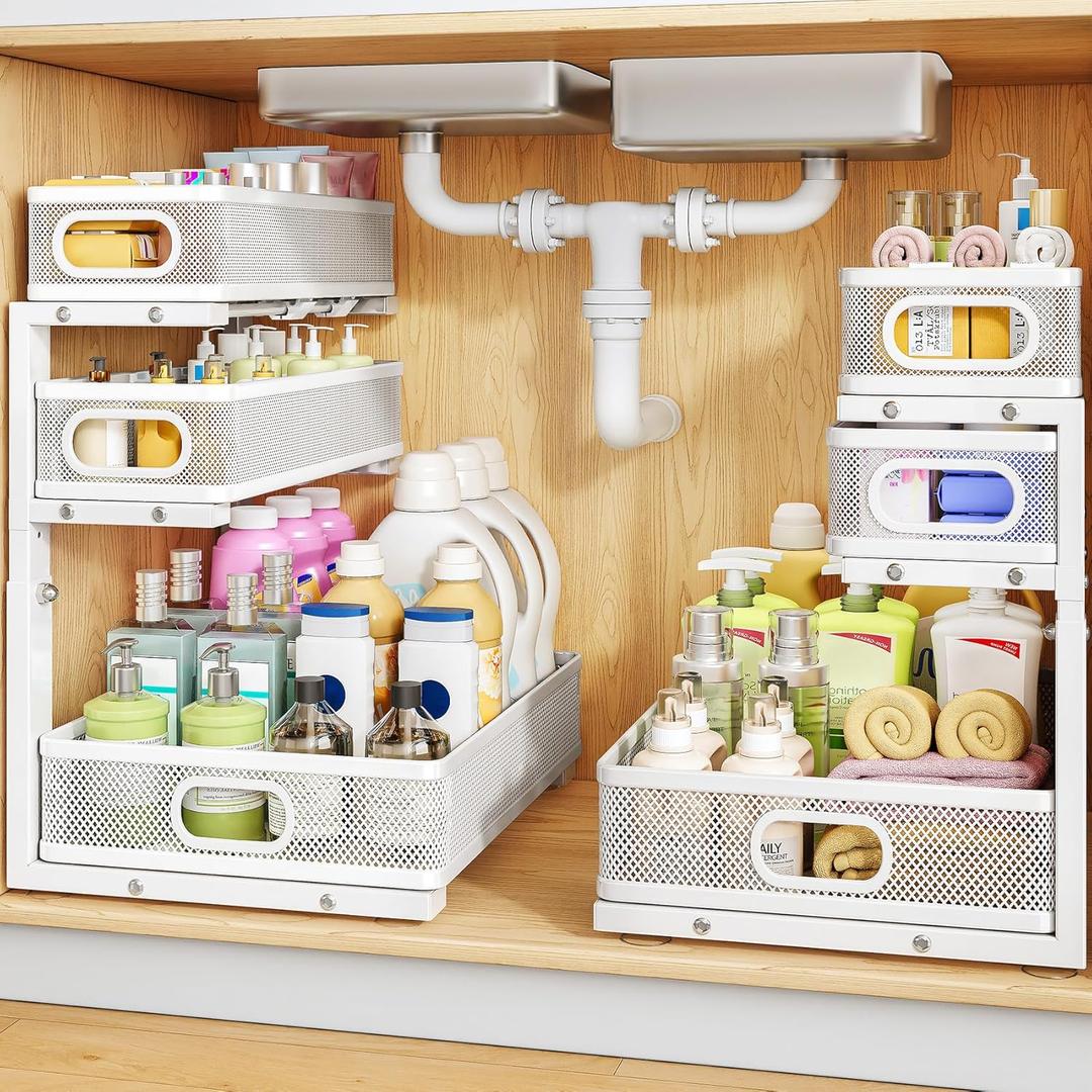 Under Sink Organizer, 2-Pack 3-Tier Thickened Metal Pull out Cabinet Organizer Shelf, Height Adjustable Slide out Storage Drawer Rack for Kitchen Bathroom Pantry Laundry Home Organization, White