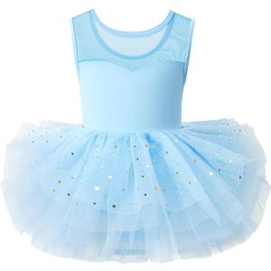 KARETT Ballet Leotards for Girls with Snap and Sparkly Princess Tutu Skirt Ballerina Dress (Blue), 100