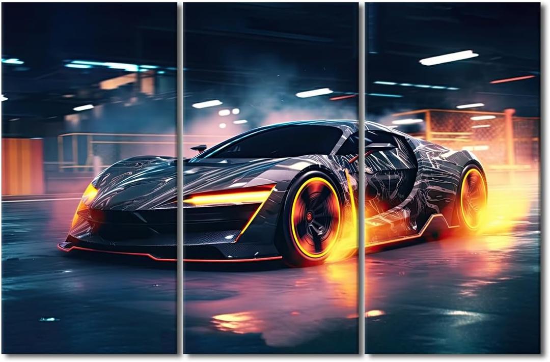 TUMOVO Sports Car Wall Art for Men Boys Bedroom Concept Car Canvas Painting Supercar Large Wall Art for Living Room Contemporary Home Decor 3 Panels Stretched on Wooden Frame, 60L x 40W