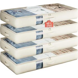 Soft-Sided Foldable Under bed Storage Bags with Window, No Rigid Frame Closet Organizers, Storage Containers for Blankets, Clothing, Comforter, Collapsible Fabric Design, 4 Pack, White Ivory
