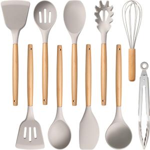 E-far Silicone Cooking Utensils Set, 10-Piece Heat Resistant Kitchen Utensils Set with Wooden Handle for Nonstick Cookware, Kitchen Nonstick Tools Spatula Whisk Tongs Ladle, Non-toxic & Healthy(Khaki)