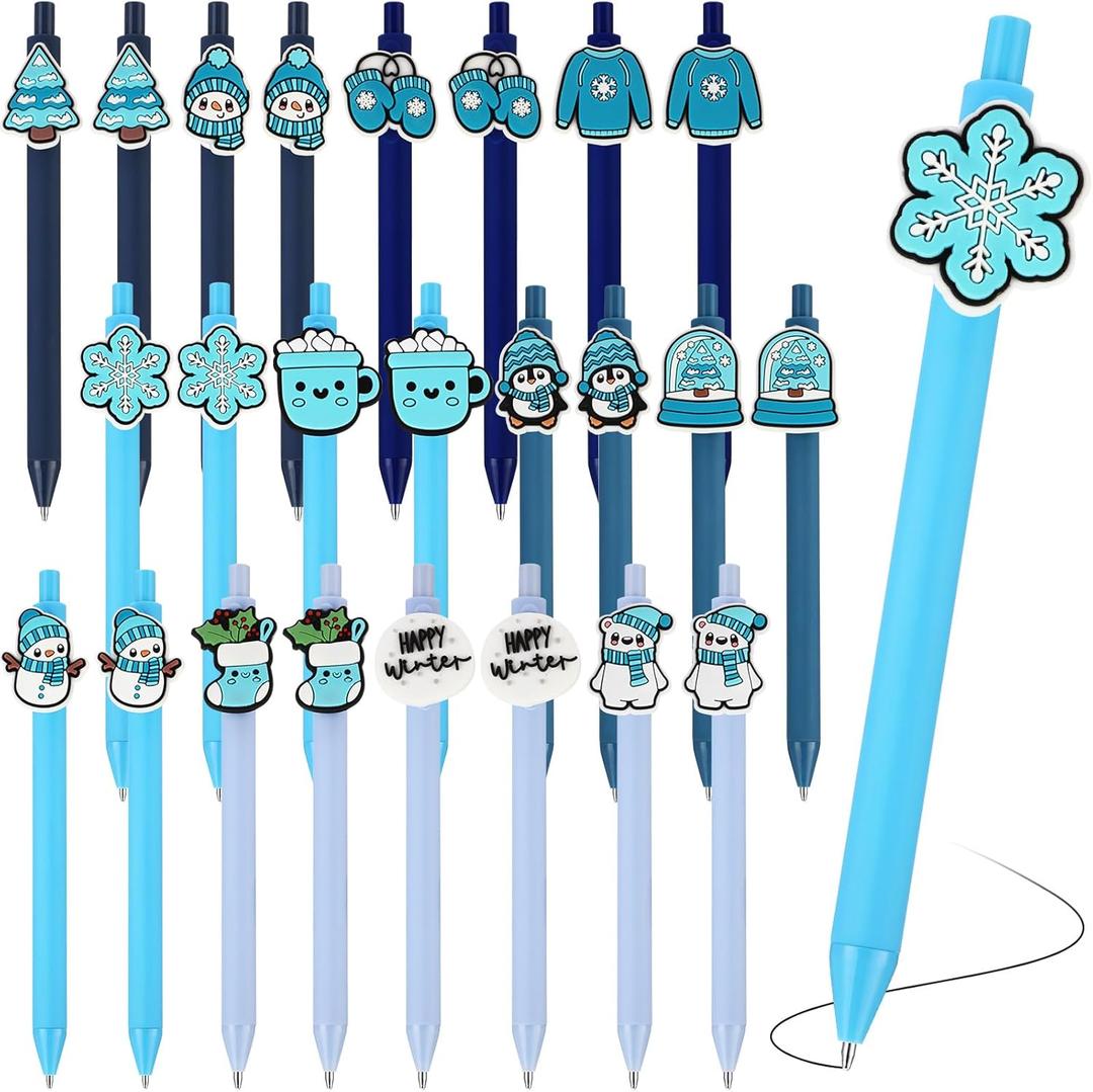Feifeiya 24 Pcs Winter Pens Bulk 0.7mm Snowflakes Snowman Penguin Cute Cartoon Writing Black Ink Retractable Ballpoint Pens for School Office Supplies Holiday Party Gifts