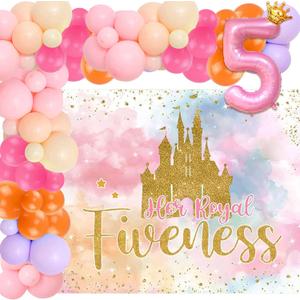 Her Royal Fiveness Birthday Decorations Pink Gold Princess Castles Balloon Garland Crown Number 5 Foil Balloons Banner for 5 Years Old Birthday Party Decor Supplies (Colour 2)
