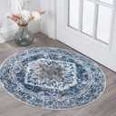 KOZYFLY Round Rug 3 Ft Rugs for Entryway Washable Circle Entrance Rug Non Slip Round Doormat Indoor Printed Faux Wool Round Front Door Mat Floor Carpet for Backdoor, Entryway, Bedroom, Blue (Blue/Brown/White)
