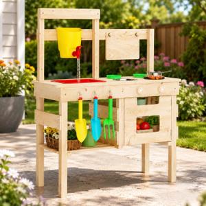 Wooden Outdoor Mud Kitchen for Kids, Waterproof Solid Wood Play Kitchen with Removable Faucet, Sink, Cutting Board, Toy Pots, Soil Cups, Magnetic Door and Storage Shelf