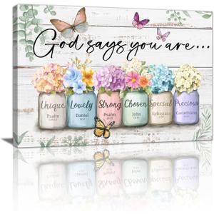God Says You Are Canvas Wall Art Christian Inspirational Bible Verse Wall Painting Religious Scripture Encouragement Gifts for Women Hydrangea in Mason Jar Butterfly Picture Decor for Bedroom 12"x16 inch