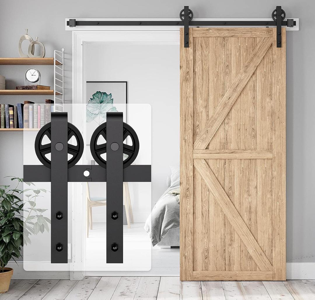 6FT Heavy Duty Barn Door Hardware Kit, Sliding Barn Door Hardware Kit for Wood Single Barn Door, Fit 1 3/8-1 3/4" Thickness & 36" Wide Door Panel, Black, Industrial Big Wheel J Hangers