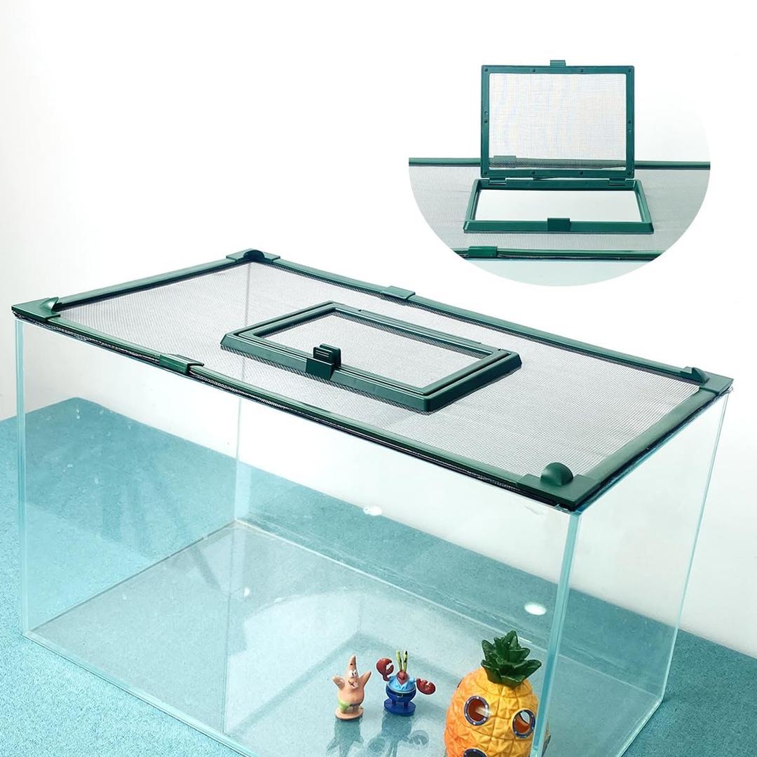 Magnetic Fish Tank Cover with Feeding Window Green Frame Grey Fiberglass Mesh, DIY Fish Tank Lid for Preventing Fish from Jumping Out and Reptile Escaping Adjustable Size Fit Tank Size Max 35''X19''