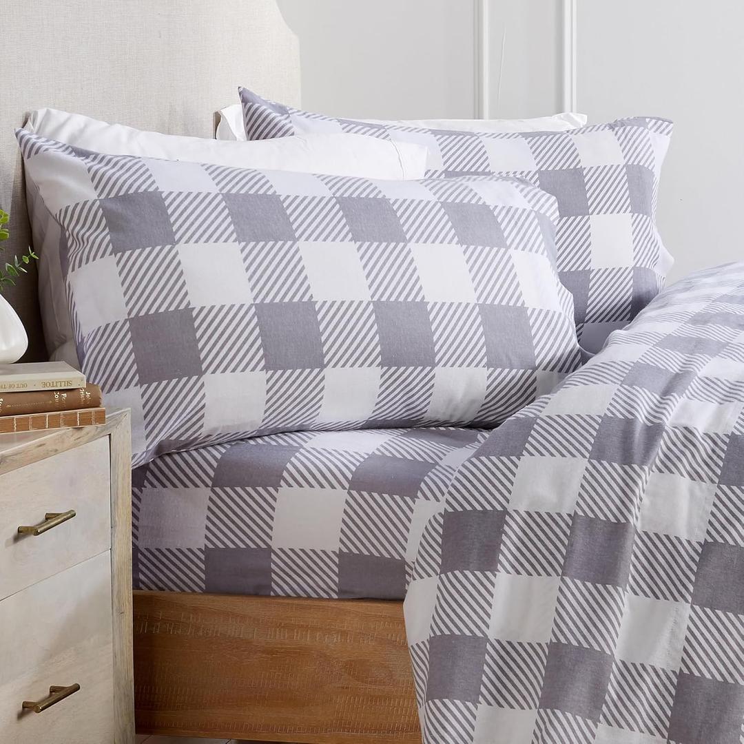 Market & Place 100% Turkish Cotton Flannel Sheet Set | 4 Piece Deep Pocket Novelty Cozy Winter Bed Sheets | Double Brushed for Extra Softness & Comfort | Queen, Buffalo Check Grey