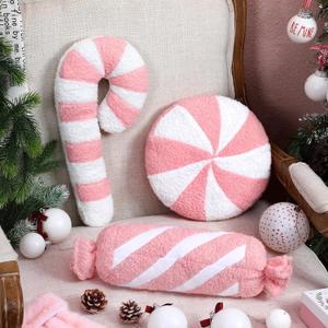 Anglechic 3 Pcs Christmas Pillows Decorative Throw Pillows Candy Merry Christmas Tree Stuffed Wool Soft Xmas Plush Cushion for Sofa Couch Bedroom Living Room (Pink)
