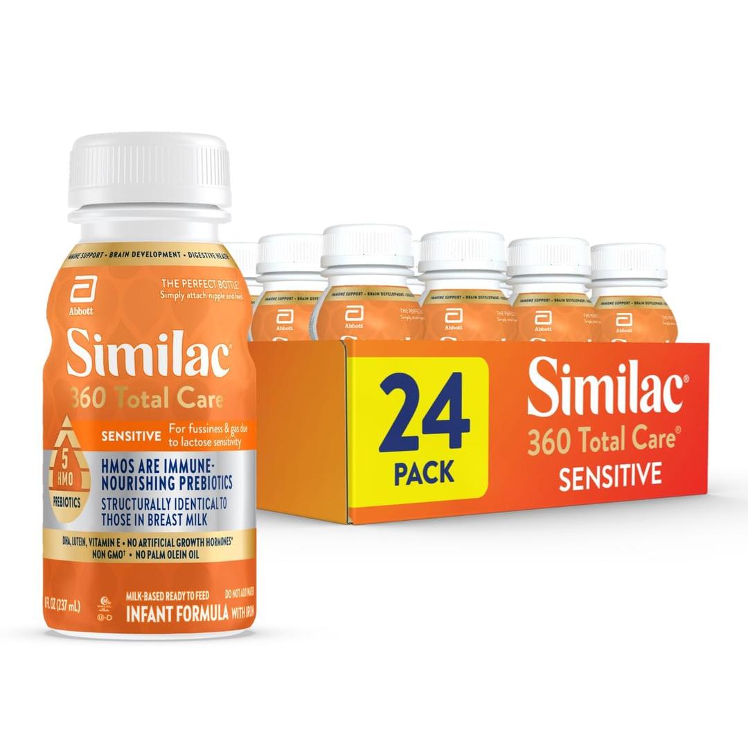 Similac 360 Total Care Sensitive Ready-to-Feed Baby Formula
Infant formula for babies with lactose sensitivity; immune system, brain development, digestive health support, 8-fl-oz, 24pk