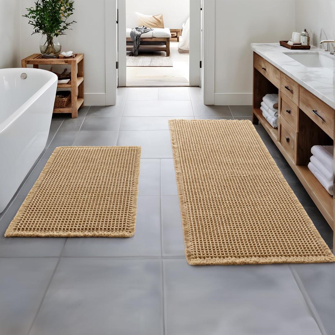 MIULEE Set of 2 Waffle Bathroom Rugs, Boho Bath Rugs Non Slip Washable, Super Absorbent Bath Mats, Ultra Soft Rubber Backed Shower Mats for Bathroom Floor, Tub, Brown, 17"x24"+17"x48"