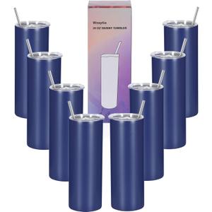 8 Pack 20 Oz Stainless Steel Straight Skinny Tumblers, Insulated Slim Thin Travel Cup Set for DIY, Navy