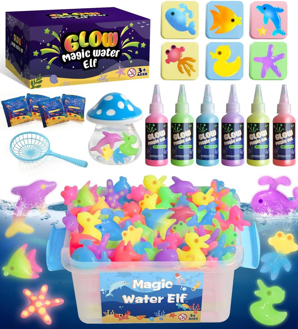 MINISENTIALS Magic Water Elf Toy Kit - Glow in The Dark Aqua Gel 6 Colors with 6 Molds - Magic Squishy Maker Water Fairies Birthday Party Favors DIY STEM Toy for 3-8 Years Old Kids