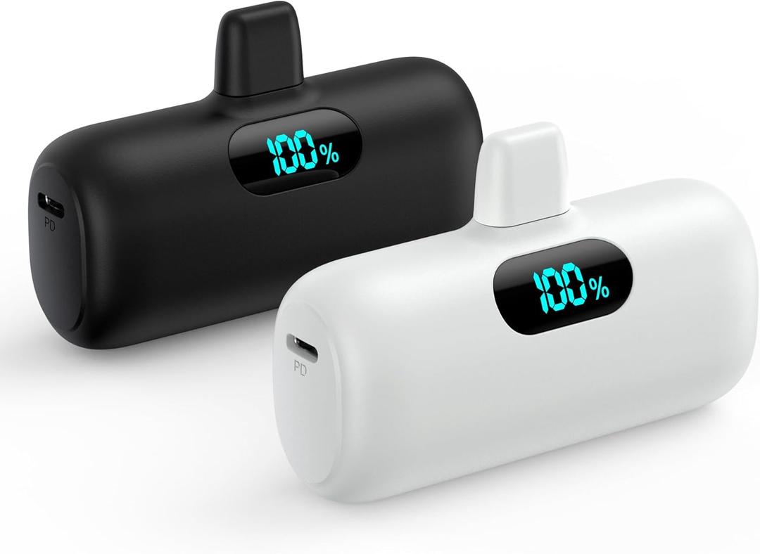 [2 Pack]Mini Portable Charger 5000mAh,Ultra-Compact 15W PD Fast Charging Power Bank,LCD Display Cute Battery Pack Backup Charger Compatible with iPhone 14/14 Pro Max/13/13 Pro/12/XR/8/7/6-Black+White (A-Black+White)