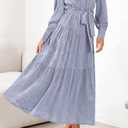 dowerme Women's Casual Dresses 2025 Fall Fashion Long Sleeve Button Up Floral Print Belted Tiered Boho Maxi Party Dress (Gray, S)