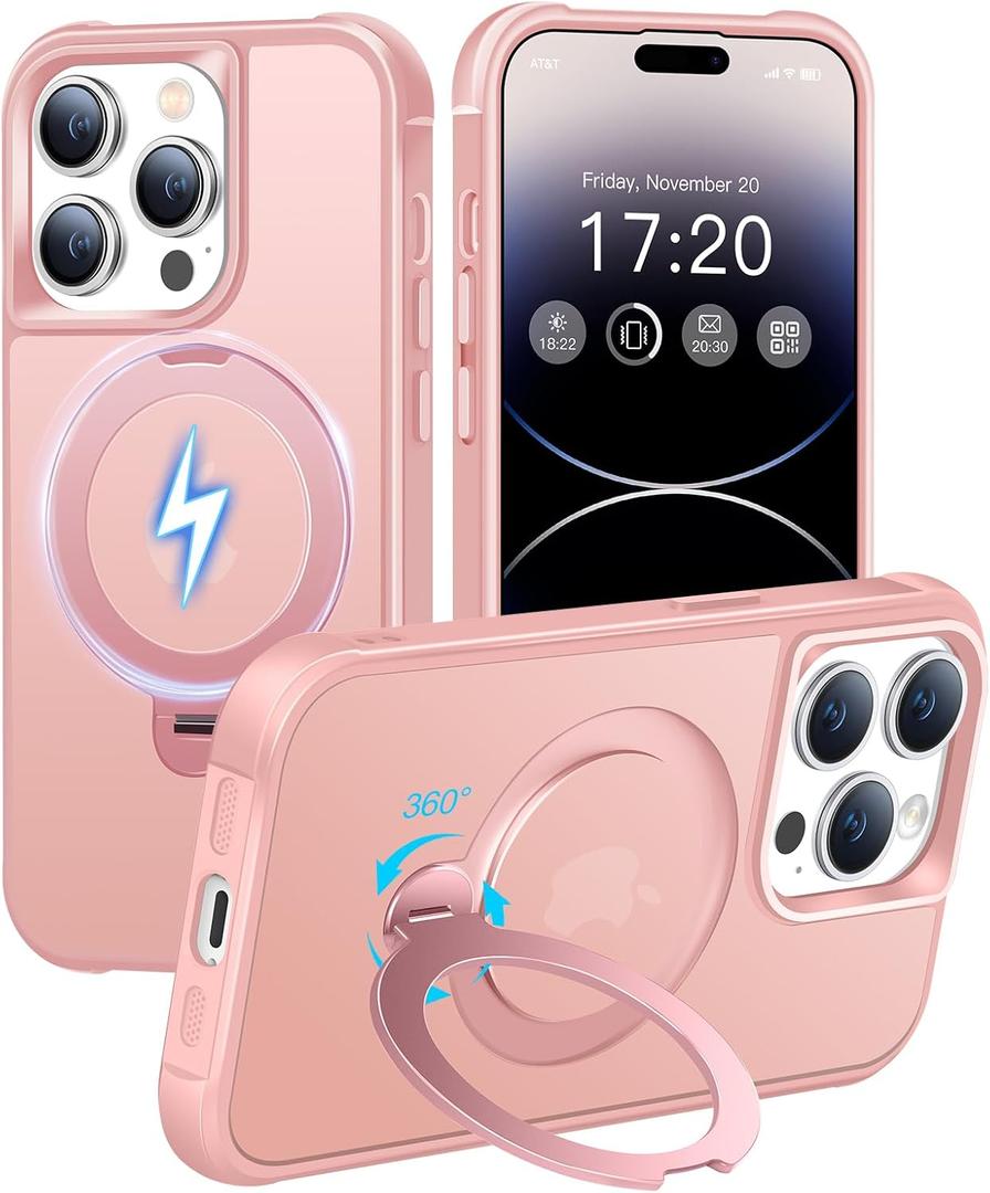 HuwaiH 360 Rotatable Magnetic Ring Stand for iPhone 14 pro max Case, Compatible with MagSafe, Military-Grade Shockproof, Anti-Scratch Matte Translucent Phone Case for iPhone 14 pro max(Pink)