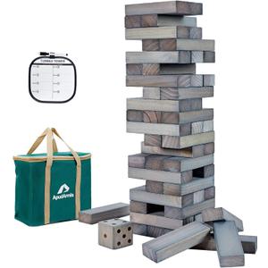 ApudArmis 60 PCS Giant Tumble Tower Stack to 5Ft, Pine Wooden Stacking Timber Game with 1 Dice Set - Classic Block Giant Outdoor Game for Teens Adults Family (Gray)