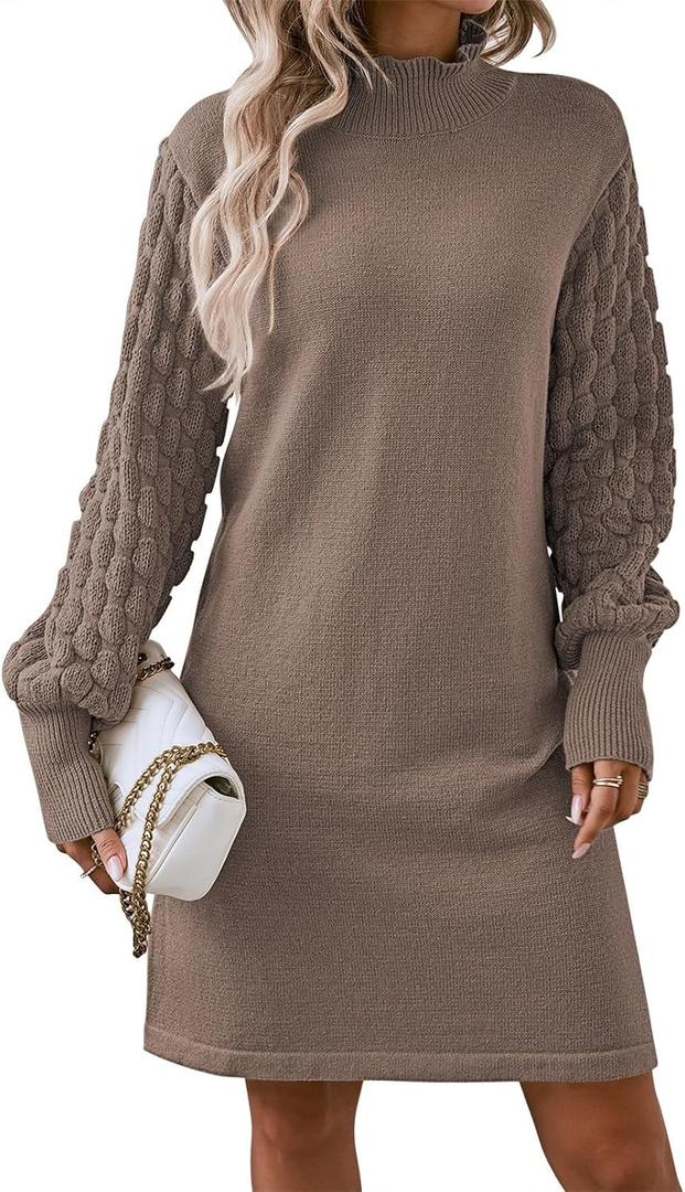 HUUSA Winter Dresses for Women 2025 Fall Puff Long Sleeve Sweaters Loose Mock Neck Outfits Sexy Mini Dress Going Out (Brown, L)