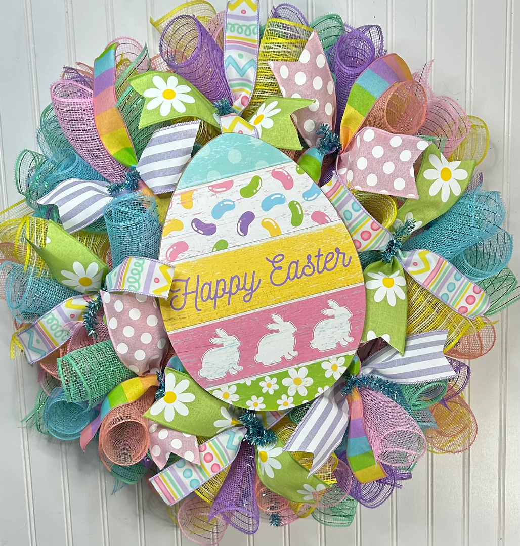Handmade Happy Easter Mesh Wreath - 24 Inch Pastel Front Door Decor with Jelly Bean Egg Sign, Burlap Ribbons, and White Bunny Silhouettes - Seasonal Spring Wall Decoration for Indoor/Outdoor Use