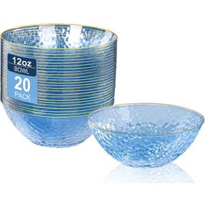 I00000 20 Pack 12 Ounce Blue Plastic Bowls Hammered Gold Rimmed Crystal Like, Heavy duty Disposable Bowl Set,Elegant Soup/Salad/Dessert/Ice Cream Bowls For Thanksgiving Party, Weddings, Catering