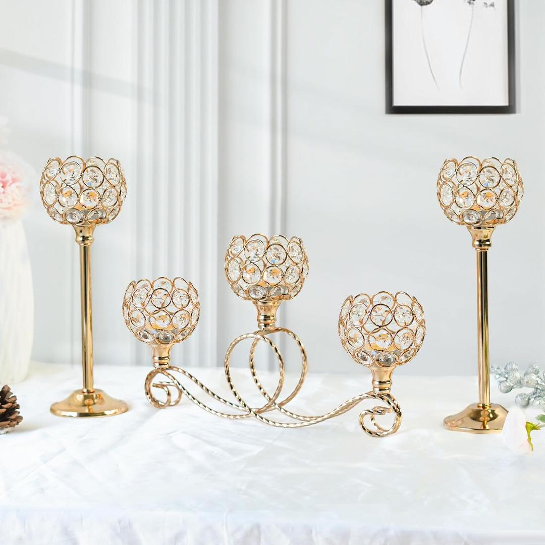 Gold 5 Arm Metal Crystal Tea Light Candle Holder, Elegant Wedding Table Centerpiece, Christmas Wishing Bowl Candle Holder (Set of 3)