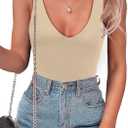 SAUNGKUAI Womens Bodysuit Sexy Plunge Deep V Neck Backless Sleeveless Tank Thong Body Suits Outfits for Going Out (Medium, Beige)