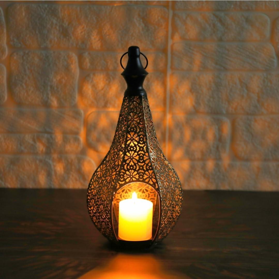 11.6inch Moroccan Lantern Lamp Decorative Candle Holders for Ramadan Decorations, Hanging, Outdoor Patio or Porch, Indoor Home Decor Gold