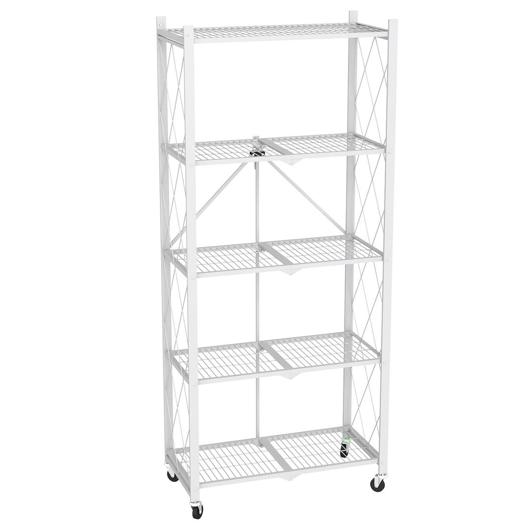 black leopard 5-Tier Foldable Metal Storage Shelf with Wheels, White