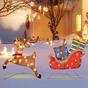 Prsildan Christmas Lighted Decoration 25" x 44" Reindeer, 50 Lights Christmas Reindeer with Sleigh & Gift Boxes, Light up Decorations for Indoor Outdoor Home Kitchen Yard Garden Holiday Party