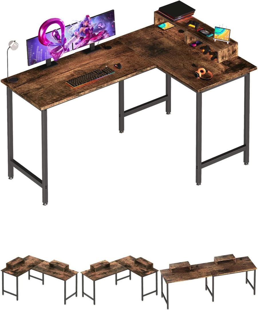L Shaped Computer Desk - 58" Gaming Desk, Reversible Corner Desk, Home Office Writing Desk with Monitor Stand Shelf, Space-Saving Modern Simple Wooden Desk, Rustic Brown