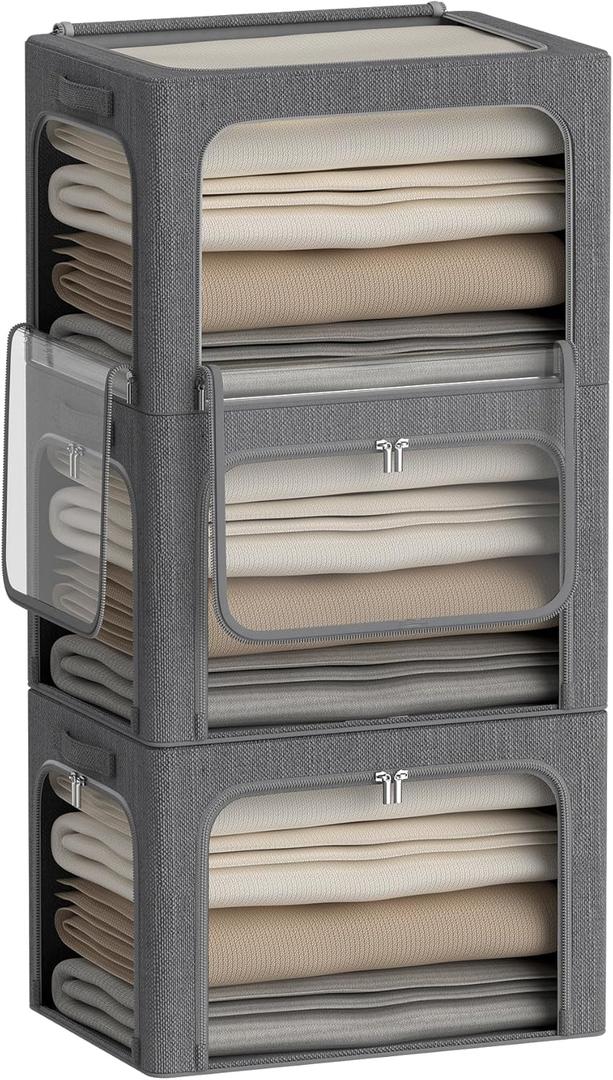 3Pack Stackable Foldable Storage Bin - Metal Frame Storage Box Clothing Storage Organizer with Clear Window, Carry Handles (66L-19.7x15.7x13in, Dark Grey)