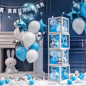 HOUSE OF PARTY Baby Boxes with Letters - 16x16 Inches and 65 Pcs Balloon for Birthday, Baby Shower & Gender Reveal Party Decoration (Blue Silver White-16")
