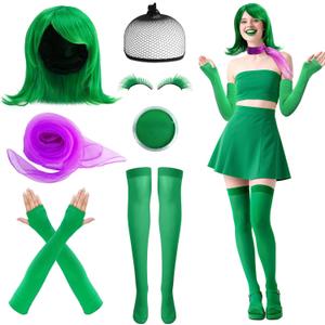 7 Pcs Halloween Green Wig with Purple Scarf, Women Green Costume Wig Set Include Face Paint Eyelashes Gloves Socks, Green's Anime Cosplay Flip Wigs for Halloween St Patrick's Party Accessory