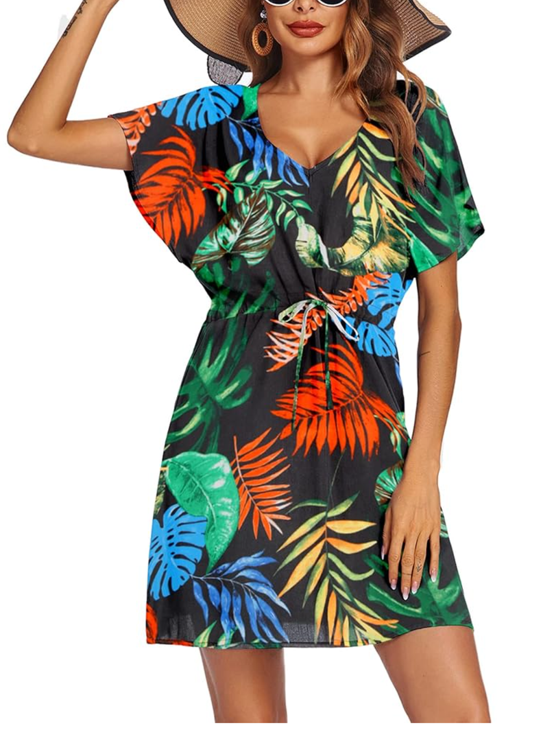 Ekouaer Womens Swimsuit Coverup Short Sleeve Beach Cover Up Dress V Neck Bikini Beachwear L