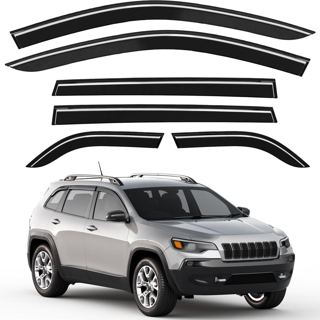 6pcs Out-Channel Window Rain Guards Fit for Jeep Cherokee 2014-2023, Extra Durable Window Visors Vent Visors Vent Shades Wind Deflector Dark Smoke Car Tape-on 6-pcs with Thicker