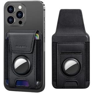 nuoku Magnetic Phone Wallet, Compatible with Magsafe Wallet for Airtag Holder, Max Fits 6 Cards, Black Leather, Wallet Case, iPhone 15/14/13/12 Series (Not 13 Mini/12 Mini)