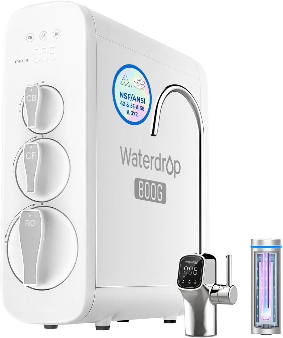 Waterdrop G3P800 Reverse Osmosis System, 800 GPD Fast Flow, NSF/ANSI 42 & 53 & 58 & 372 Certified, 3:1 Pure to Drain, Tankless Under Sink RO Water Filter System, LED Purifier, Smart Faucet (White)