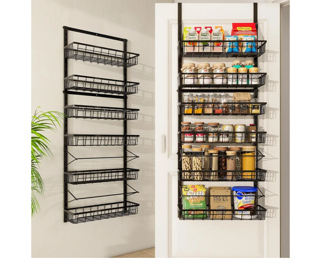 MIAOLI Over the Door Pantry Organizers and Storage, 6Tier Spice Rack, Home & Kitchen Storage Shelves for Cabinet, Large Capacity Hanging Seasoning Organizer, Laundry Room Organization, Black