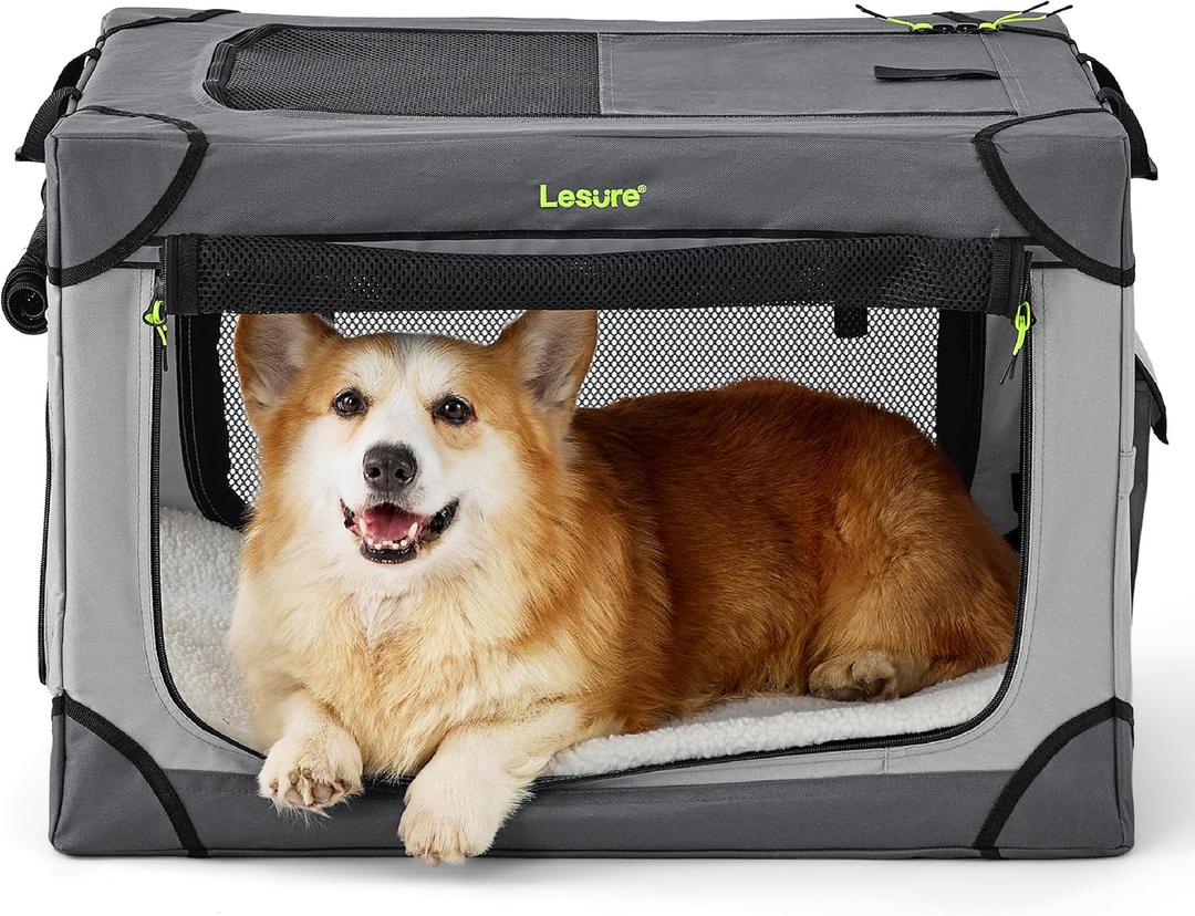 Lesure Soft Collapsible Dog Crate - 26 Inch Portable Travel Crate for Small Dogs Indoor & Outdoor, 4-Door Foldable Pet Kennel with Mesh Windows, Grey
