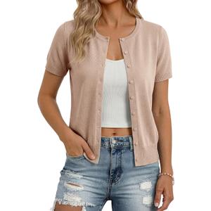 GRACE KARIN Women Short Sleeve Cardigan, 2026 Summer Knitted Sweater Tops, Basic Crew Neck Crop Outfits, M