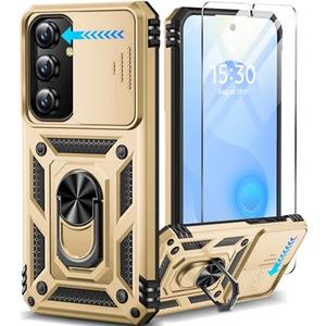 Taisairu for Samsung Galaxy S24/Samsung Galaxy S25 Case with Screen Protector & Slide Camera Lens Cover, Built-in Ring Stand Protective Phone Case for Samsung S25 Case/Samsung S24 Case (Gold)