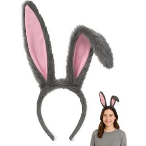 Gray Bunny Ears Headband Plush Rabbit Ears Costume Accessories for Kids, Girls, Women Cosplay Bunny Outfit, Halloween Dress Up, Easter Party Supplies