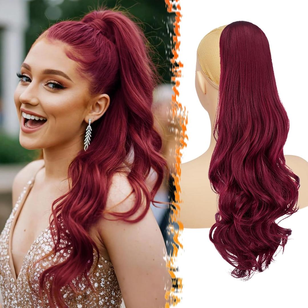 BARSDAR Burgundy Red Wavy Drawstring Ponytail Extensions  20 Inch Synthetic Drawstring Comb Clip in Ponytail Hair Extensions for Women, Natural Looking Curly Wavy Red Pony Tails Hairpieces