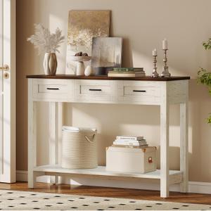 YOSHOOT 45" Farmhouse Entryway Console Table, Desk Behind the Couch with 3 Drawers and 2-Tier Shelves, Narrow Sofa Table for Hallway, Bedroom, Living Room, White Brown, 45.28" x 11.81" x 33.47"