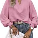 Womens Tops Dressy Casual Long Sleeve Shirts Loose V Neck Business Work Tunic Blouses (Pink, M)