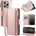 Antsturdy Compatible with iPhone 13 Pro Max Wallet Case, RFID Blocking PU Leather Phone Case Women Men Kickstand Flip Cover Wrist Strap Zipper Credit Card Holder Slots for Apple 13 Pro Max, Rose Gold