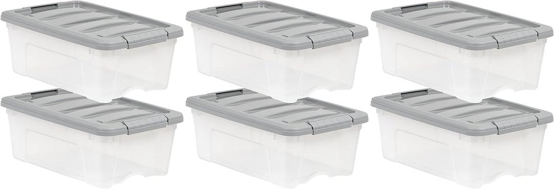 Amazon Basics Plastic Storage Containers with Secure Latching Lids, Stackable Organization Bins, Clear/Grey, 12 Quart, Set of 6